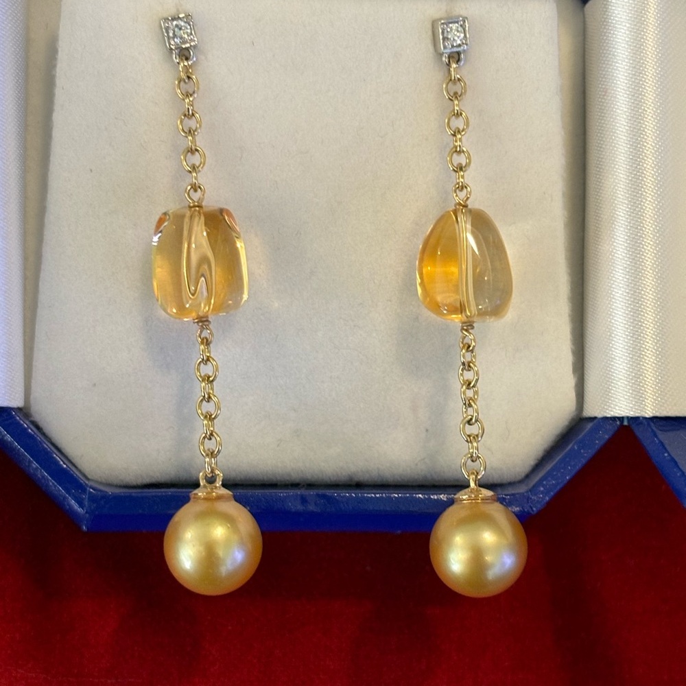 Pearl and Citrine and diamonds 14KT gold earrings.